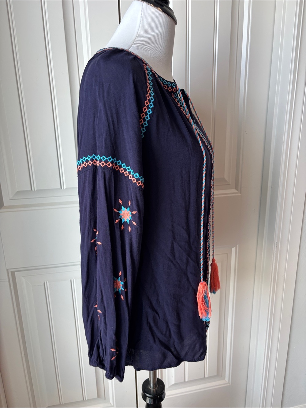 Umgee Navy Boho Embroidered Tassel Peasant Top - Coral & Turquoise Accents - Picture 5 of 6